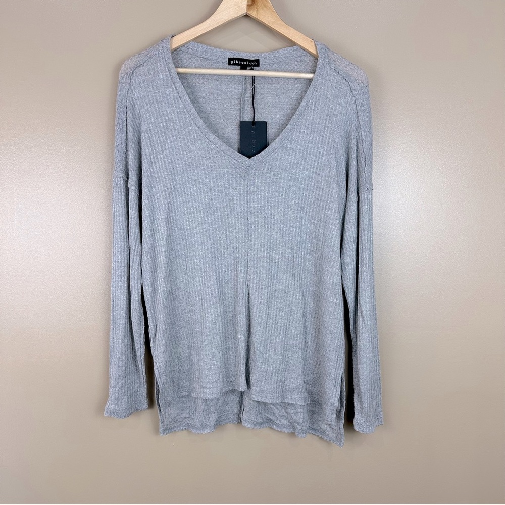 Gibsonlook Womens Gray Waffle Knit Long Sleeve V-Neck Top Shirt Small Normcore